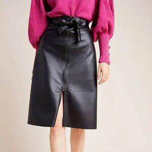 Anthropologie Faux Leather Midi Skirt Extra Small Black A-Line Belted Bailey 44
